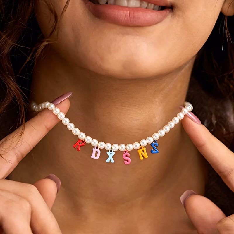 custom name initial necklace diy letter pendant clavicle chain colorful beaded alphabet necklace non fading versatile choker the perfect birthday or valentines day gift for and trendy simple and luxur