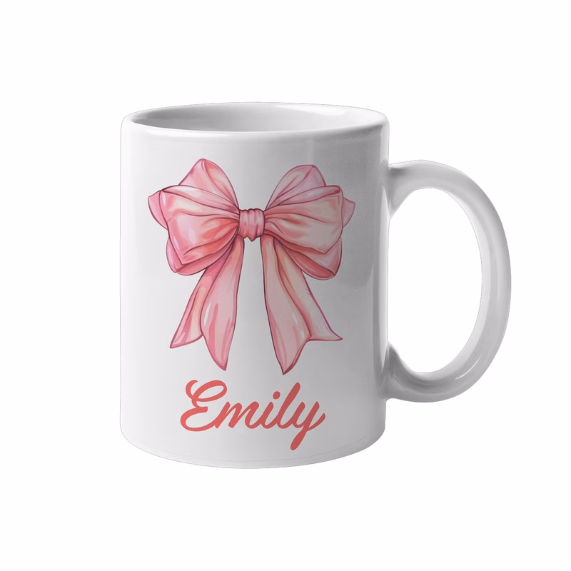 personalised pink ribbon bow mug 11oz custom name aesthetic coffee cup for girls women delicate watercolor ribbon design white ceramic mug trendy preppy gift for her daughter sister best friend birthd