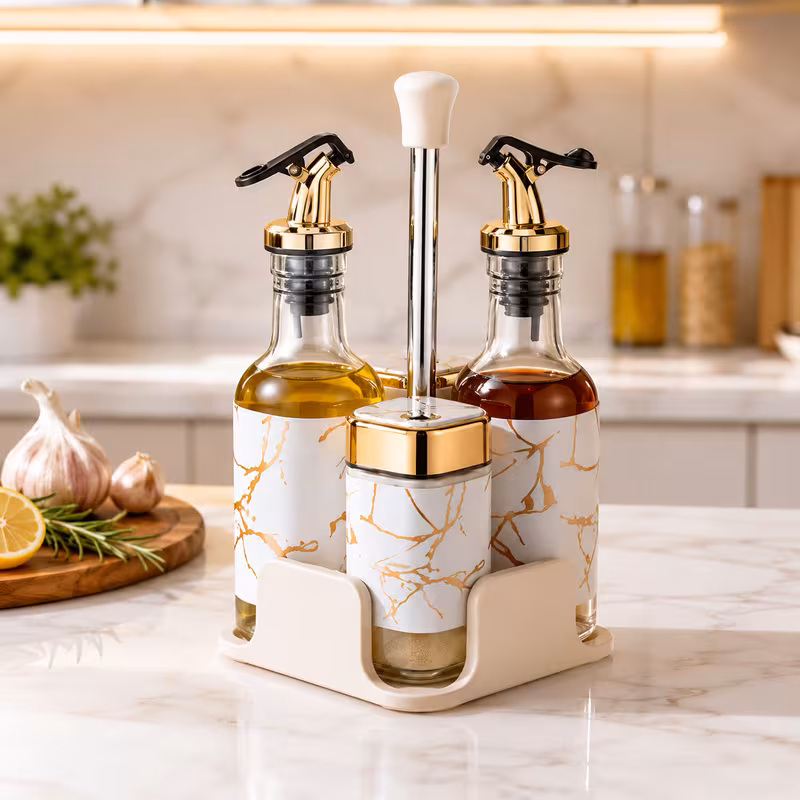 5 piece oil vinegar dispenser set with stand glass oil bottle vinegar cruet salt pepper shakers kitchen condiment organizer
