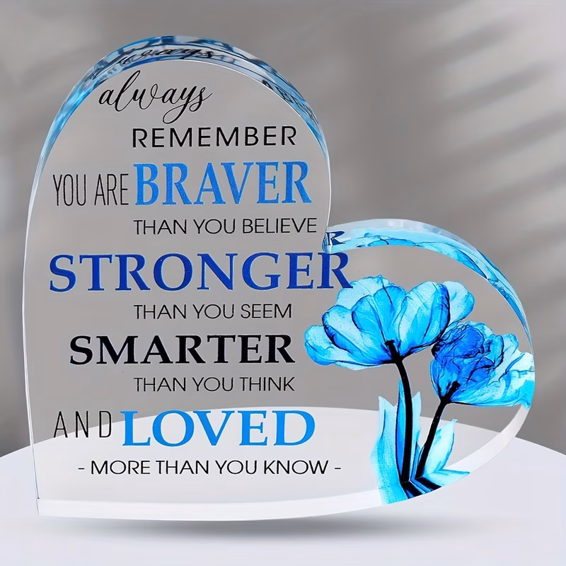 2d flat retro style blue flower acrylic heart with inspirational message irregular shaped motivational desk decor for women men best friend gifts colleague farewell presents home office positive affir