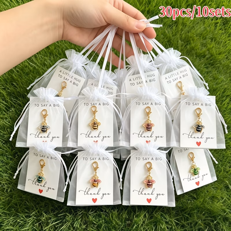 30pcs random color cute bee enamel keychain set 10 keychains 10 cards 10 mesh bags alloy pendant charms simple bag decoration thank you gift for men and women car keychain backpack charm graduation se