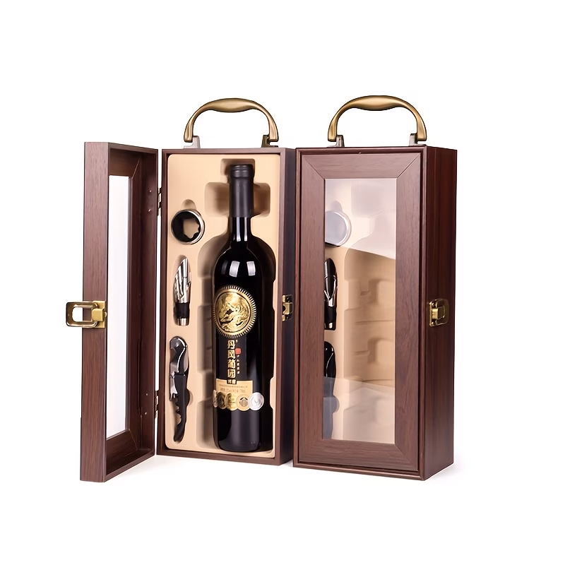 elegant wooden wine gift box with transparent window single bottle holder ideal for home corporate events and banquets unique customizable design light brown perfectly displays premium wine bottles wi