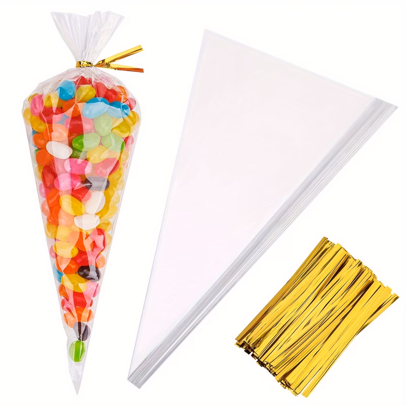1 set 200pcs transparent cone cellophane gift bags with golden twist cable tie popcorn candy and small business packaging random color galvanized wire