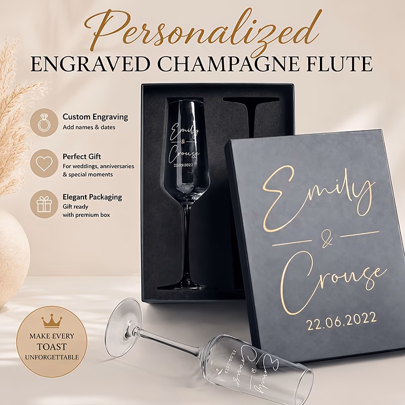custom engraved glass set laser engravable with names and dates crystal material high footed glasses suitable for weddings anniversaries bridal showers valentines day etc the glasses are of quality