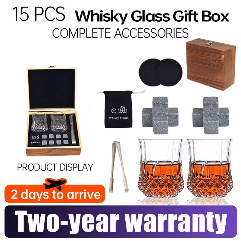 premium whiskey gift set for men 2 glasses 8 whisky stones tongs pouch in handcrafted wooden box ideal christmas birthday gift father husband xmas gifts fathers day gifts holiday gifts boyfriend fathe