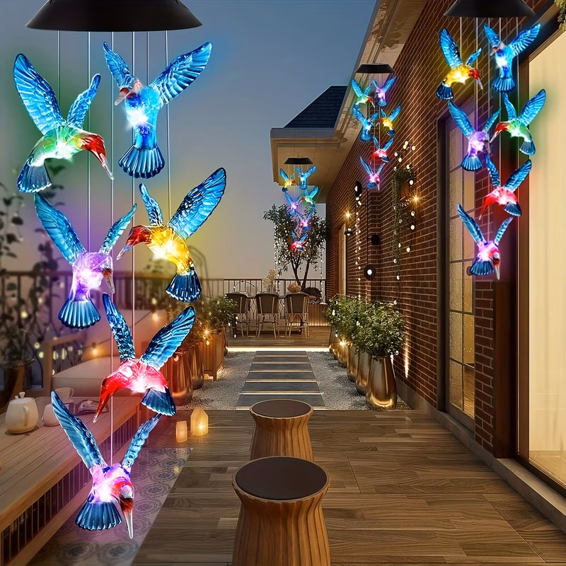 1pc solar powered hummingbird wind chime pendant light color changing led outdoor lighting decorative landscape lamp solar garden light outdoor lantern hanging light for courtyard garden patio porch g