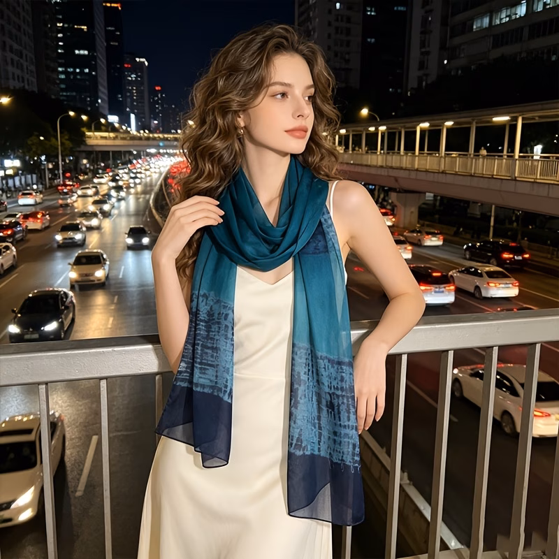 100 light luxury dark blue gradient contrast scarf daily versatile sunshade shawl lightweight scarf suitable for travel beach etc gift for womens elegant decorative accessory