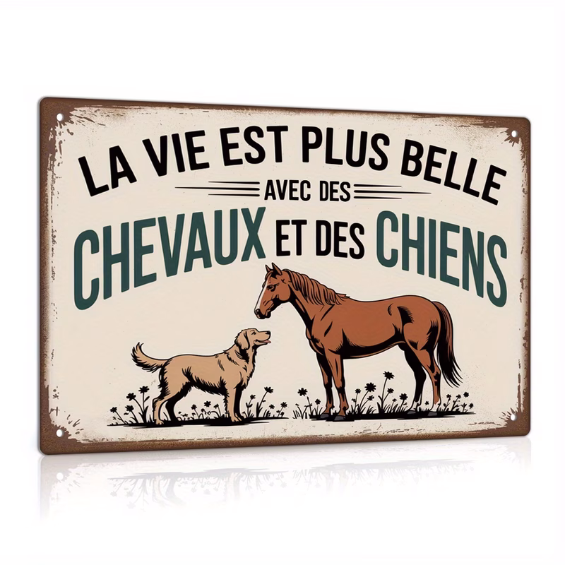 1pc french vintage metal tin sign wall art horse dog rustic farmhouse decor with est plus avec des chevaux et des chiens with horses dogs gift for birthday wedding christmas home decoration no batteri