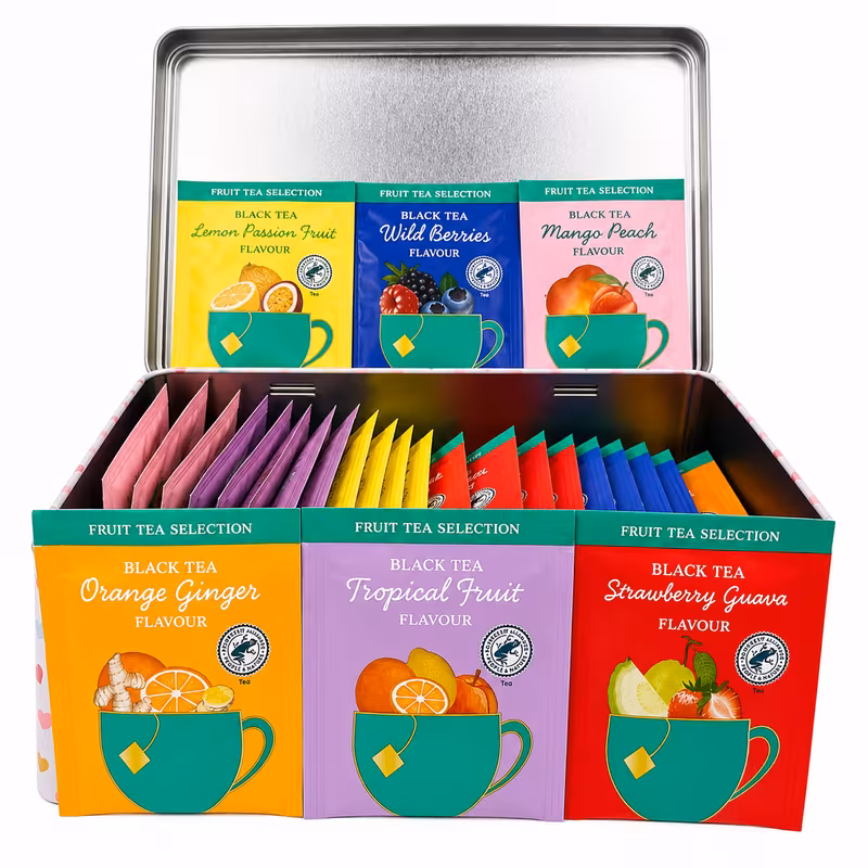 luxury pink tin 30 premium tea bags 6 black tea strawberry tropical fruit orange mango peach reusable gift tin for