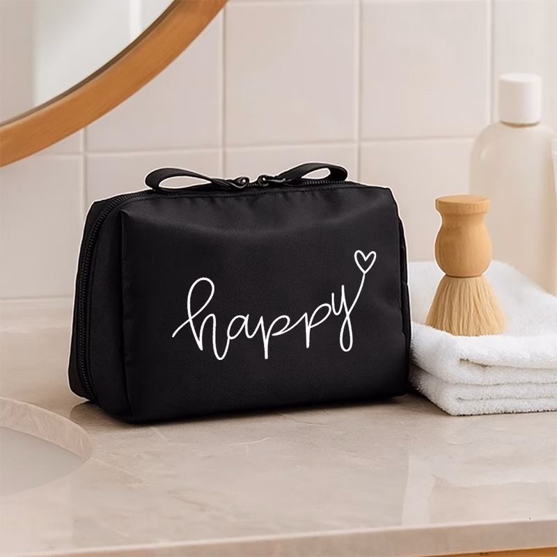happy script heart print travel toiletry bag with packing cubes organizer pouches cute cursive lettering heart patterns organizer makeup case for vacation birthday gift for her zipper closure stylish