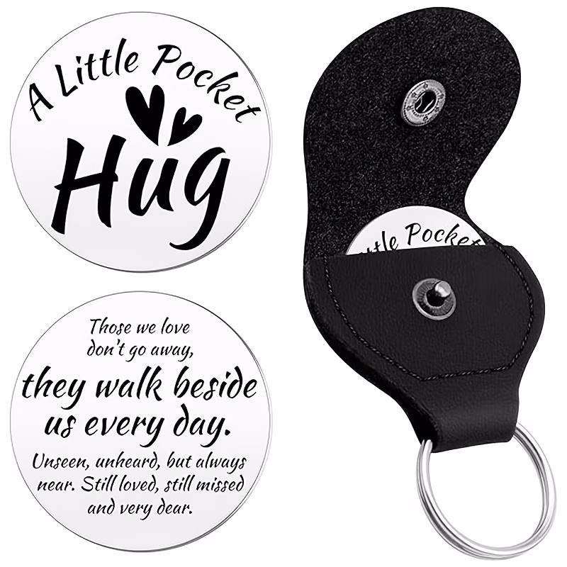 1pc sympathy gifts pocket hug token double sided stainless steel tokens remembrance sympathy gift for loss for condolence grieving keepsake grief gifts hug token with black faux leather keychain