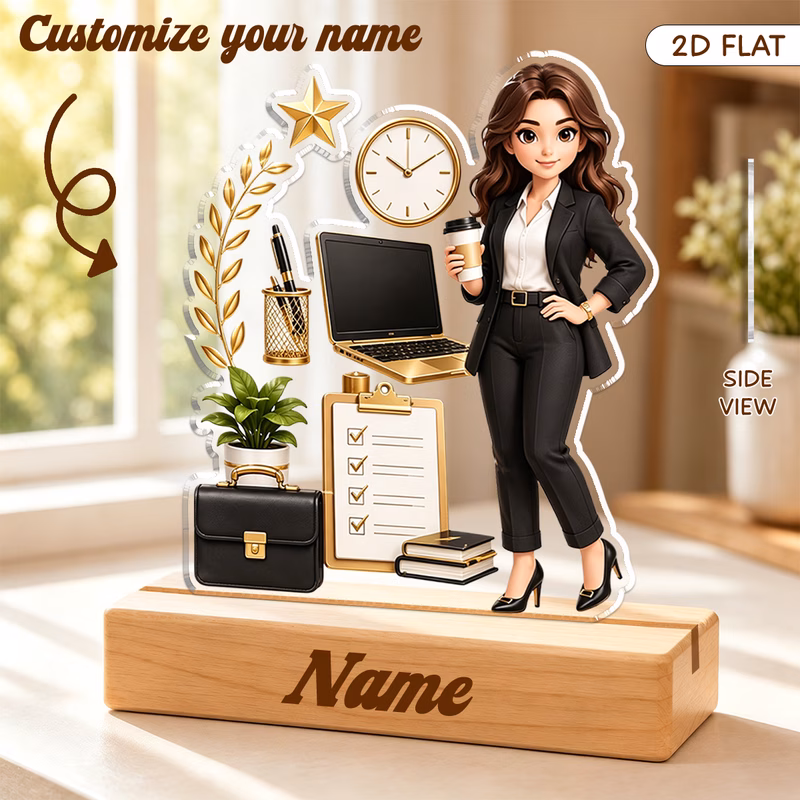 2d flat 2d flat 1 name business woman acrylic tabletop sign with engraved wood base laptop briefcase checklist clock plant pen book office element themed personalized desk ornament corporate employee