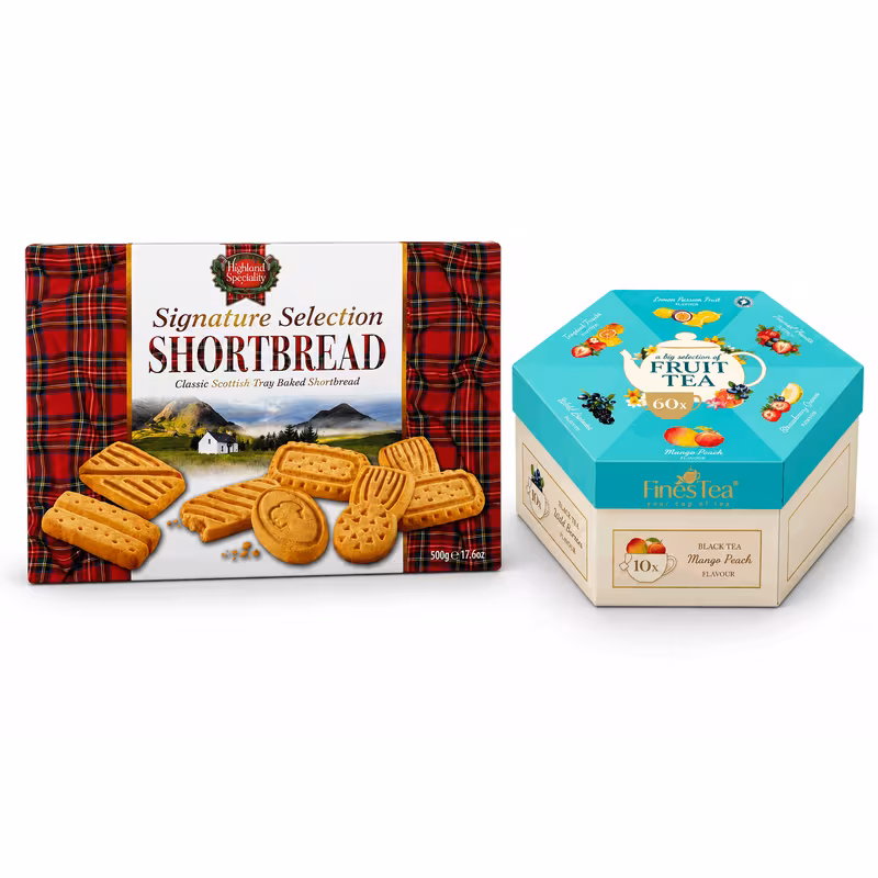 luxury highland scottish hexagon gift set 500g signature 60 individually wrapped tea bags mango peach strawberry orange tropical fruit