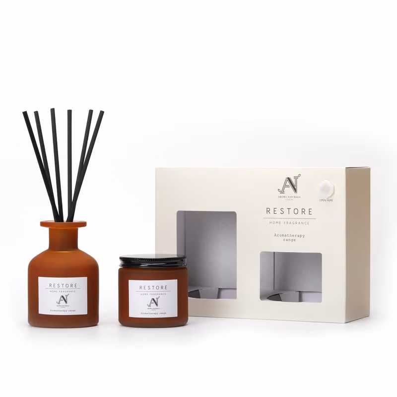 therapy 120g candle and 100ml reed diffuser brown glass jar restore scent