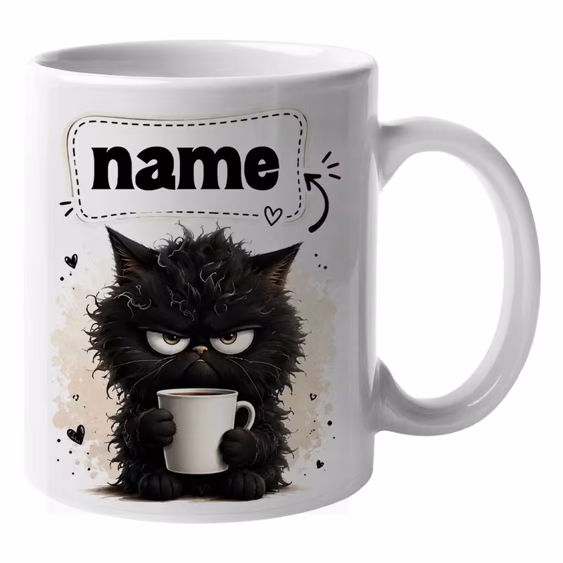 personalised black cat white ceramic coffee mug customise mug custom name