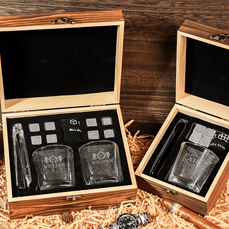 personalized laser engravable whiskey glass wooden box gift set with chilling stone tongs glass cup suitable for fathers whiskey lovers name initials message for birthdays weddings holidays