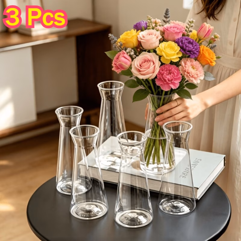 3 pack transparent anti fall small vases plastic cone vases easy design suitable for flowers dried flowers hydroponic plants table windowsill bookshelf decoration