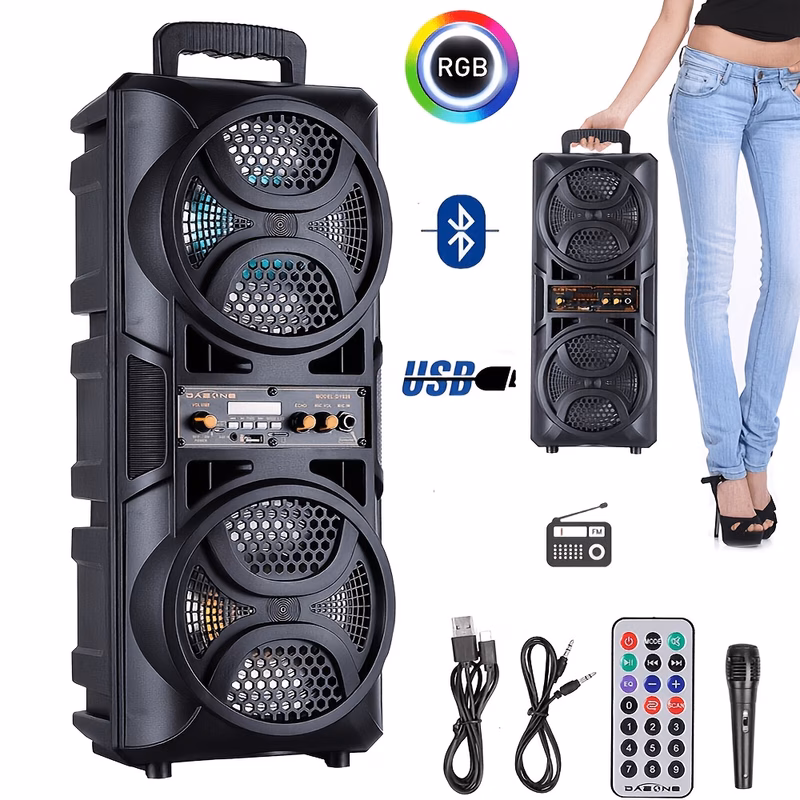 2800w portable wireless bluetooth speaker dual 6 5inch with party lights supports usb and pa wired microphone ideal for party karaoke travel outdoor music and holiday gifts
