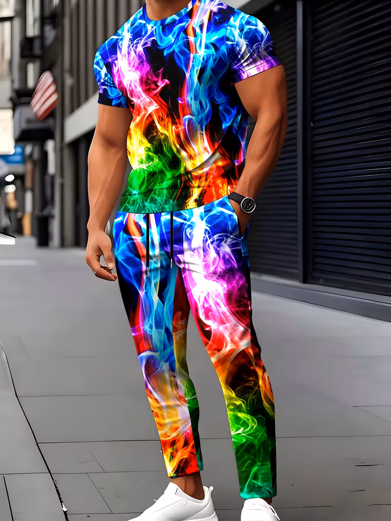 mens spring summer fashion casual set high definition pattern printed colorful flame graphic crew neck short sleeve t shirt drawstring sports long pants 2pcs set suitable for outdoor sports wear a for