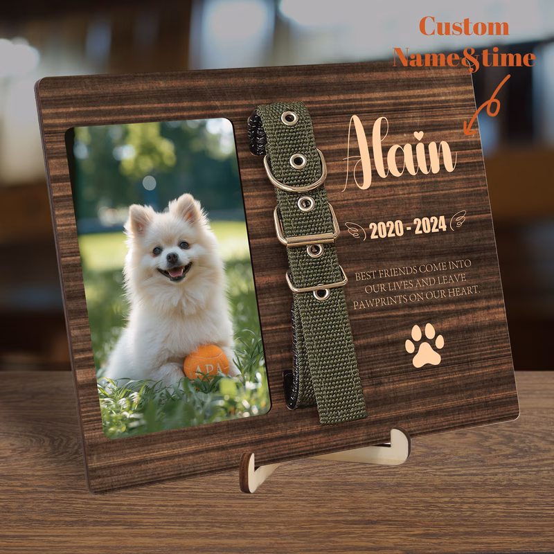 1 set personalized pet photo frame custom name date paw print dog collar like strap design wooden picture frame with picture display memorial keepsake gift for dog owners home office display pet colla