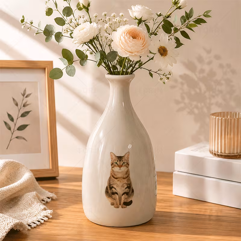 1pc FORJN Brown Ceramic Vase with Tabby Kitten - Bell-Shaped Decorative Flower Pot Suitable for Dried Flowers, for Decor Gift,, Bedroom, Cat Lover Present