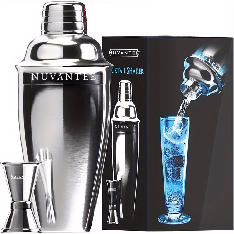 24oz stainless steel shaker set with built in strainer measuring jigger martini glass ice tongs and home bartending kit for mixed drinks shaker set for