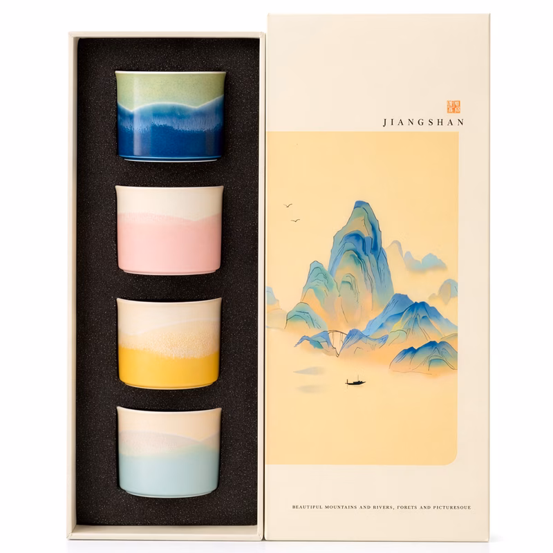 4pcs handcrafted chinese ceramic tea cups with gift box traditional fu tea set gradient color hand ceramics with mountains and rivers design ideal for business gifts festivals and party favors