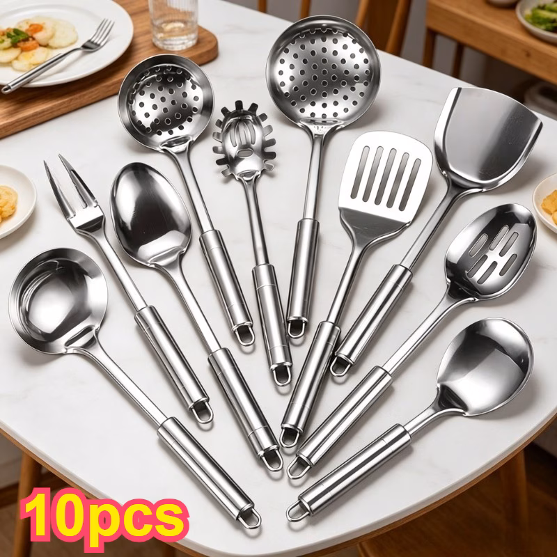10 stainless steel kitchenware set craft cooking shovel spoon fork multi purpose complete utensil kit for hotel decoration and gift set