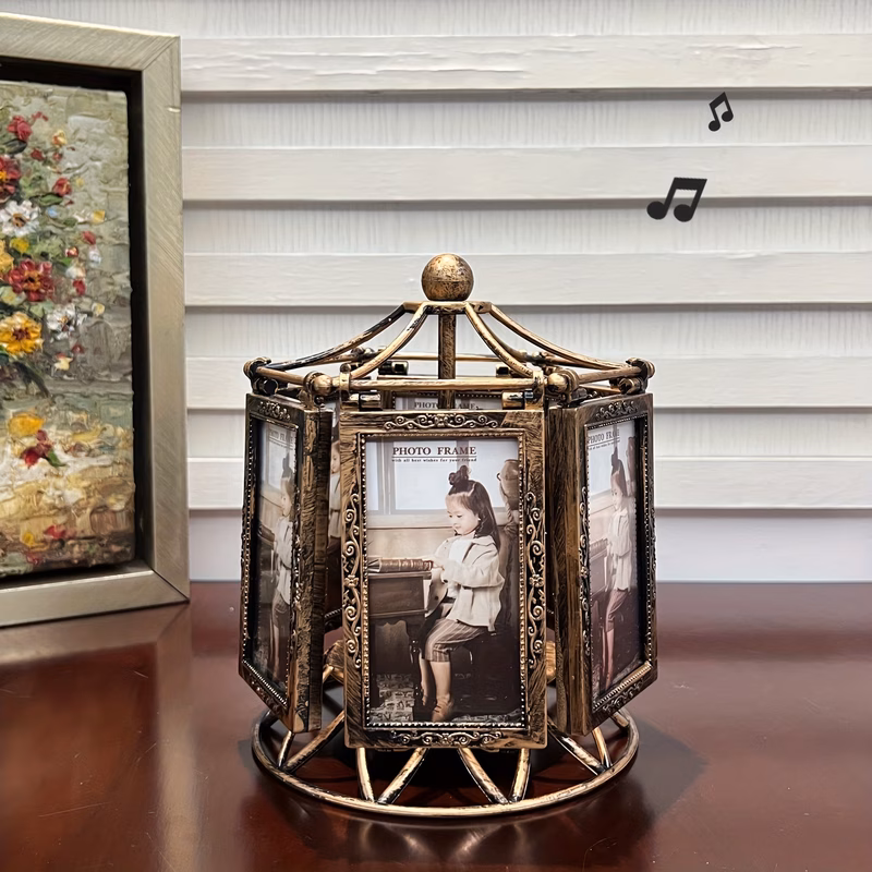 1pc small music carousel photo frame with rotatable turntable music vertical tabletop suitable for home office decor retro classic diy picture frame conversion for albums nostalgic gift for