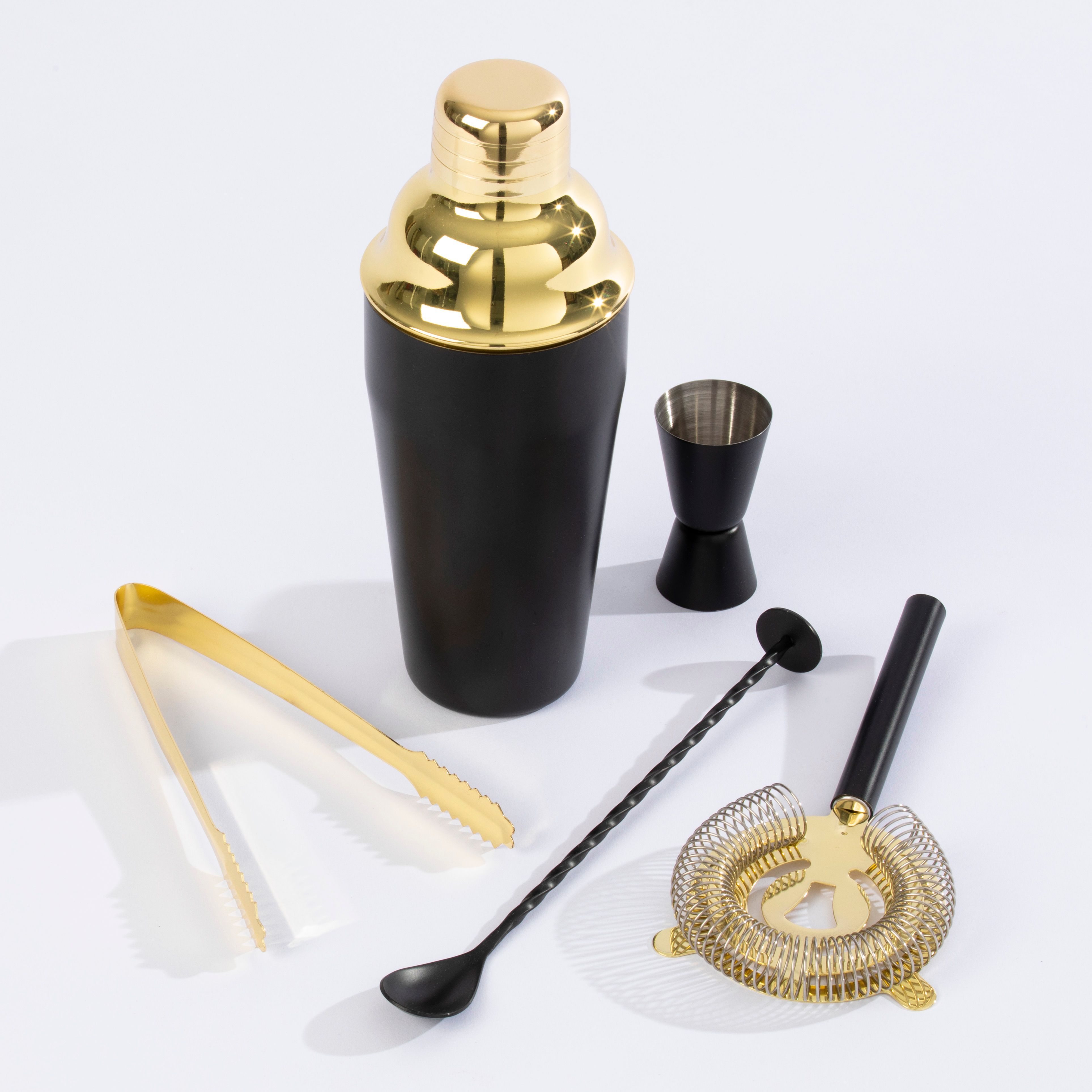cocktail shaker set black and gold 5 piece stainless steel cocktail set contains shaker double jigger ice tongs strainer bar spoon and cocktail recipe book in gift box bartender accessories ideal for